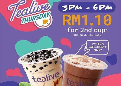 Tealive Thursday Promotion RM1.10 for 2nd Cup (every Thursday)