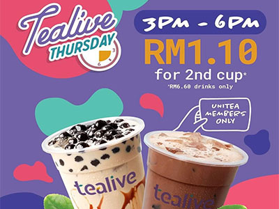 Tealive Thursday Promotion RM1.10 for 2nd Cup (every Thursday)